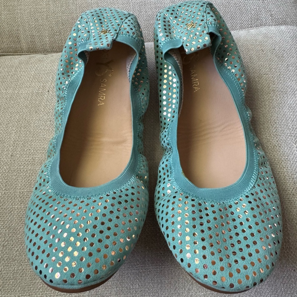 Yosi Samra SAMARA Teal and Gold Foldable Ballet Flats Women Sz 11